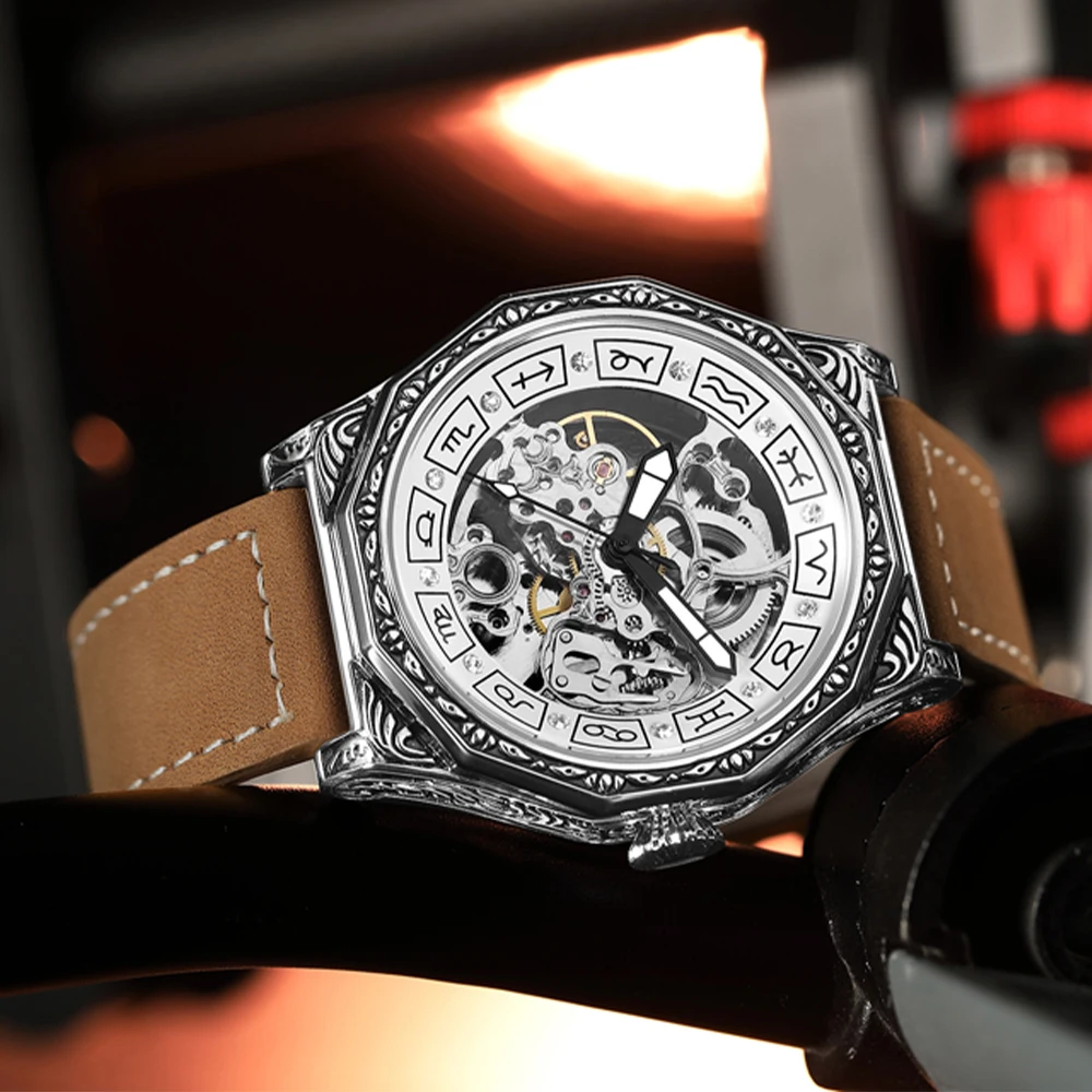 relojes para hombre Skeleton Waterproof watches for men Automatic Mechanical men's wrist watch steampunk with genuine leather