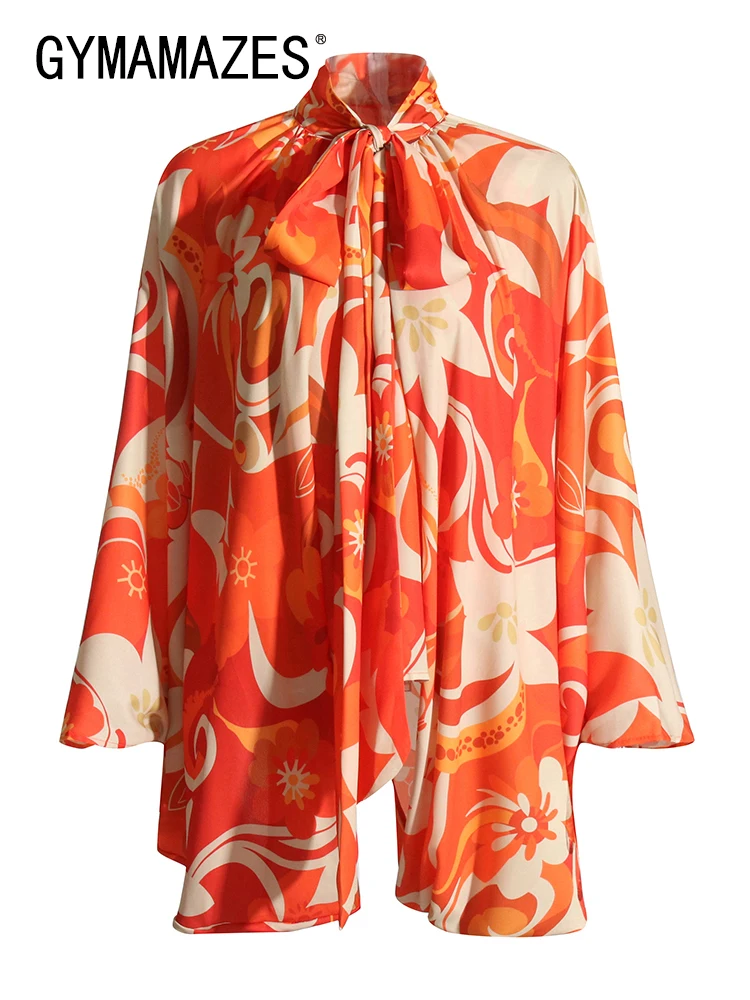 

GYMAMAZES Loose Print Shirt For Women Stand Collar Long Sleeve Patchwork Lace Up Asymmetrical Shirts Female 2022 Clothing Chic