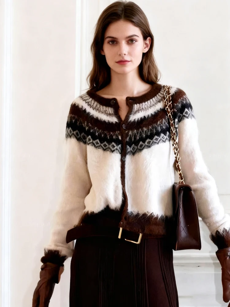 أنيقة طاقم الرقبة سترة مشغولة من الصوف سترة المرأة عادية كم طويل بلوزات الخريف الشتاء مكتب سترة طباعة ملابس عصرية فضفاضة