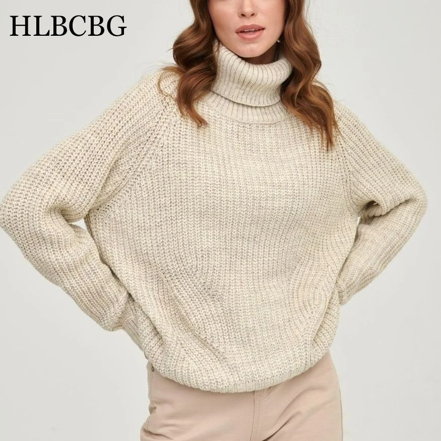 

HLBCBG Casual Loose Fleece Knitted Sweaters Women 2023 Winter Solid Female Pullovers Warm Cashmere Turtleneck Knitwear Jumpers