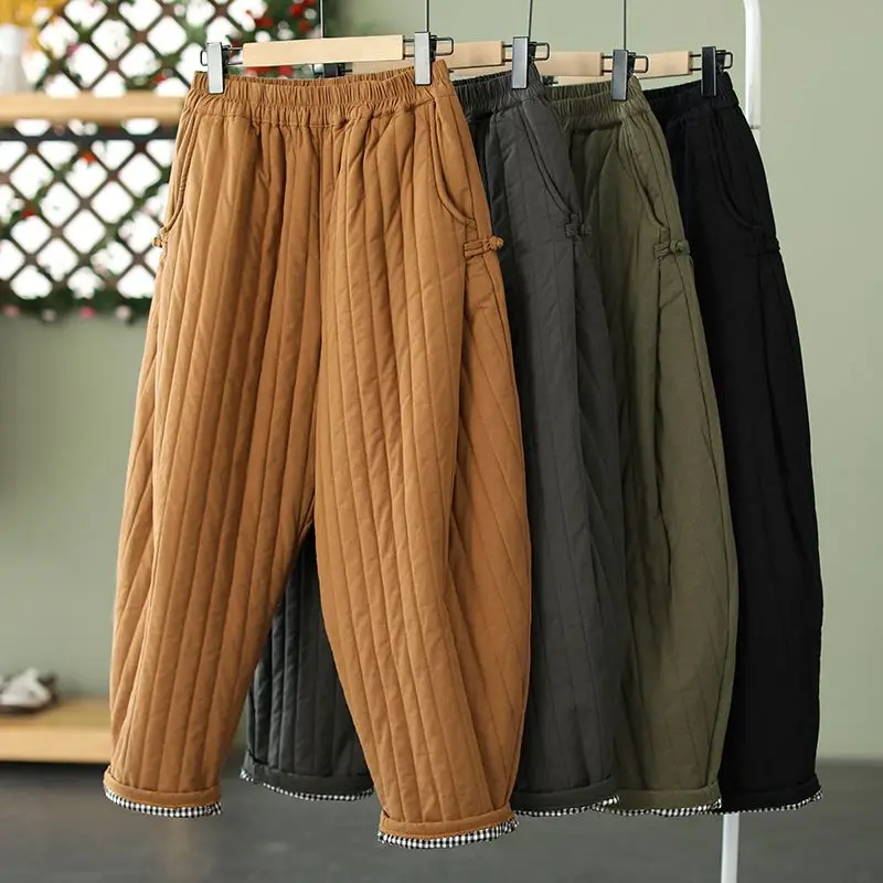 

2024 chinese winter style warm cotton thickened retro cotton pants women's outwear elastic waist loose casual chinese pants