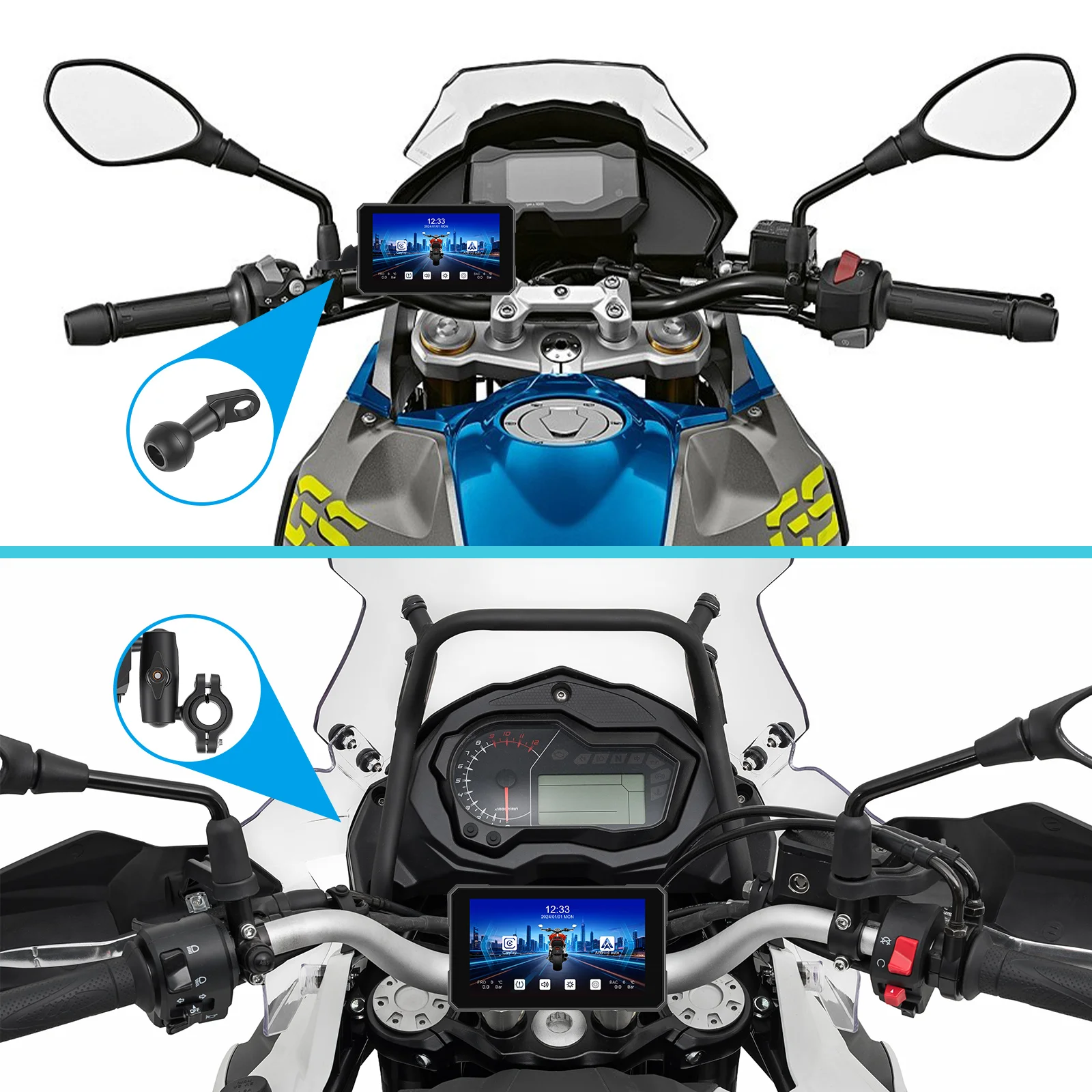 Reproductor de Pantalla Inteligente para Motocicleta Podofo de 5'' con Pantalla Táctil, Carplay, Android Auto, Resistente al Agua IP67, Brillo Automático, Reproductor Portátil para Motocicleta 2