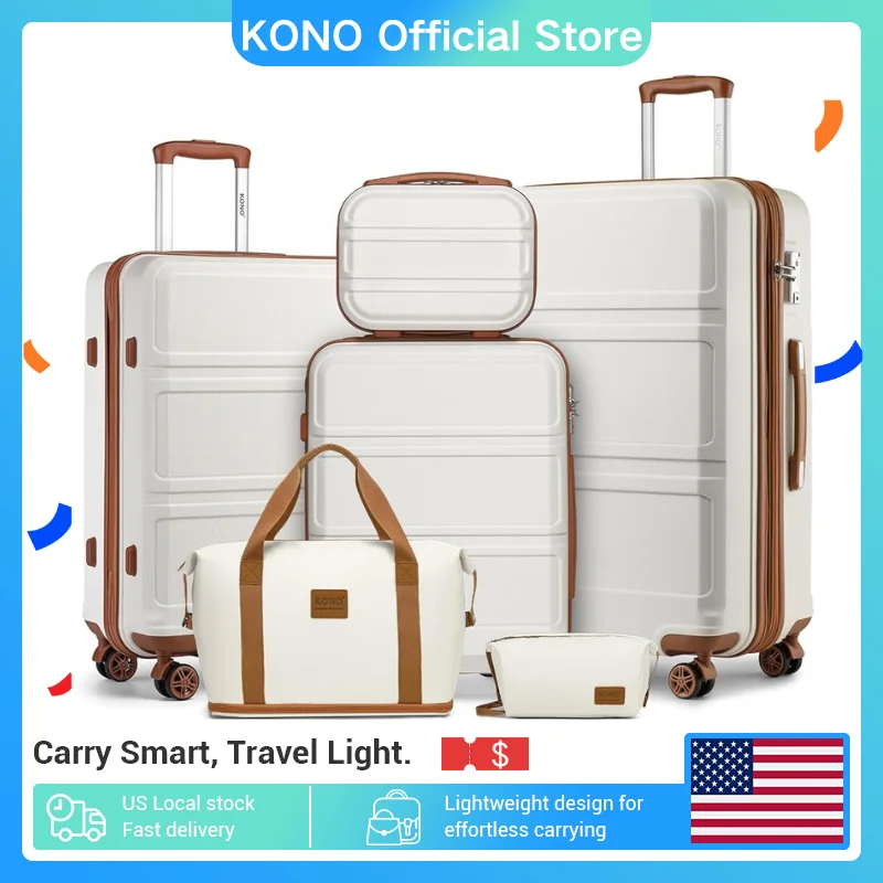 Kono 6-Piece Luggage Set, Lightweight ABS Hard Shell with TSA Lock, 20" 24" 28" Suitcases, Beauty Case, Duffel & Toiletry 1