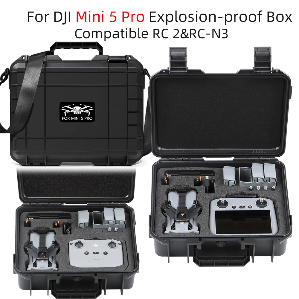 Étui étanche pour DJI Mini 5 Pro avec poignée de transport, coque rigide noire texturée et logo DJI.