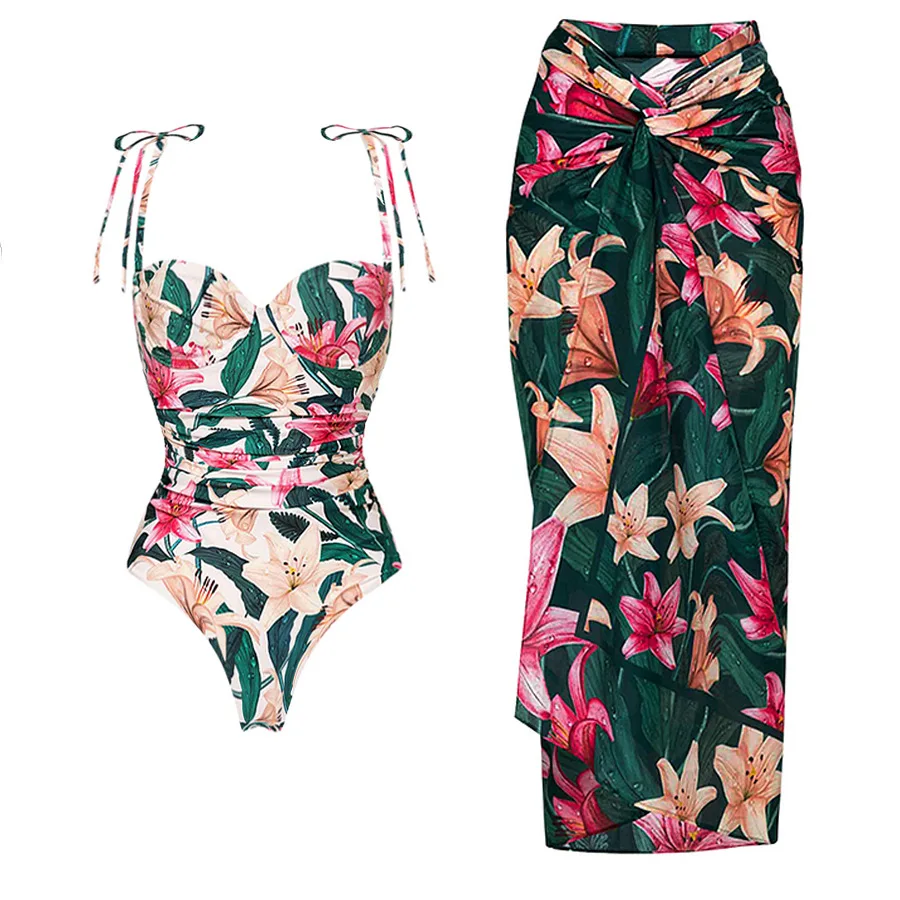 Women's Tight Vacation Swimwear Beachwear Cover Up Shoulder Strap Beach Vacation Floral One-piece Swimsuit Suit