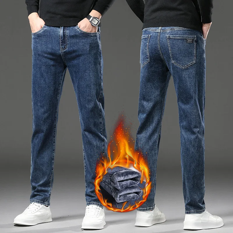 Winter Fleece Thick Warm Jeans Men's Slim Straight Elastic Denim Pants Casual Male Clothing Fashion Plush Trousers images - 6