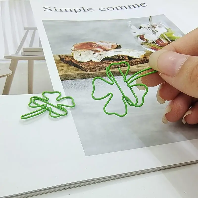 【W】50Pcs INS 스타일 녹색 네잎 클로버 종이 클립 스크랩북 장식 바인더 클립 미니 금속 북마크 사무실 책상 액세서리
