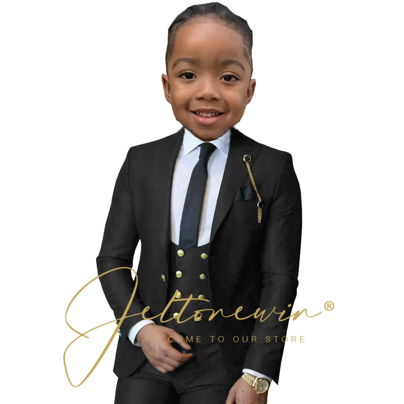 Formal 3 Pieces Black Suit For Boy Gold Buttons Child Boy Wedding Suit