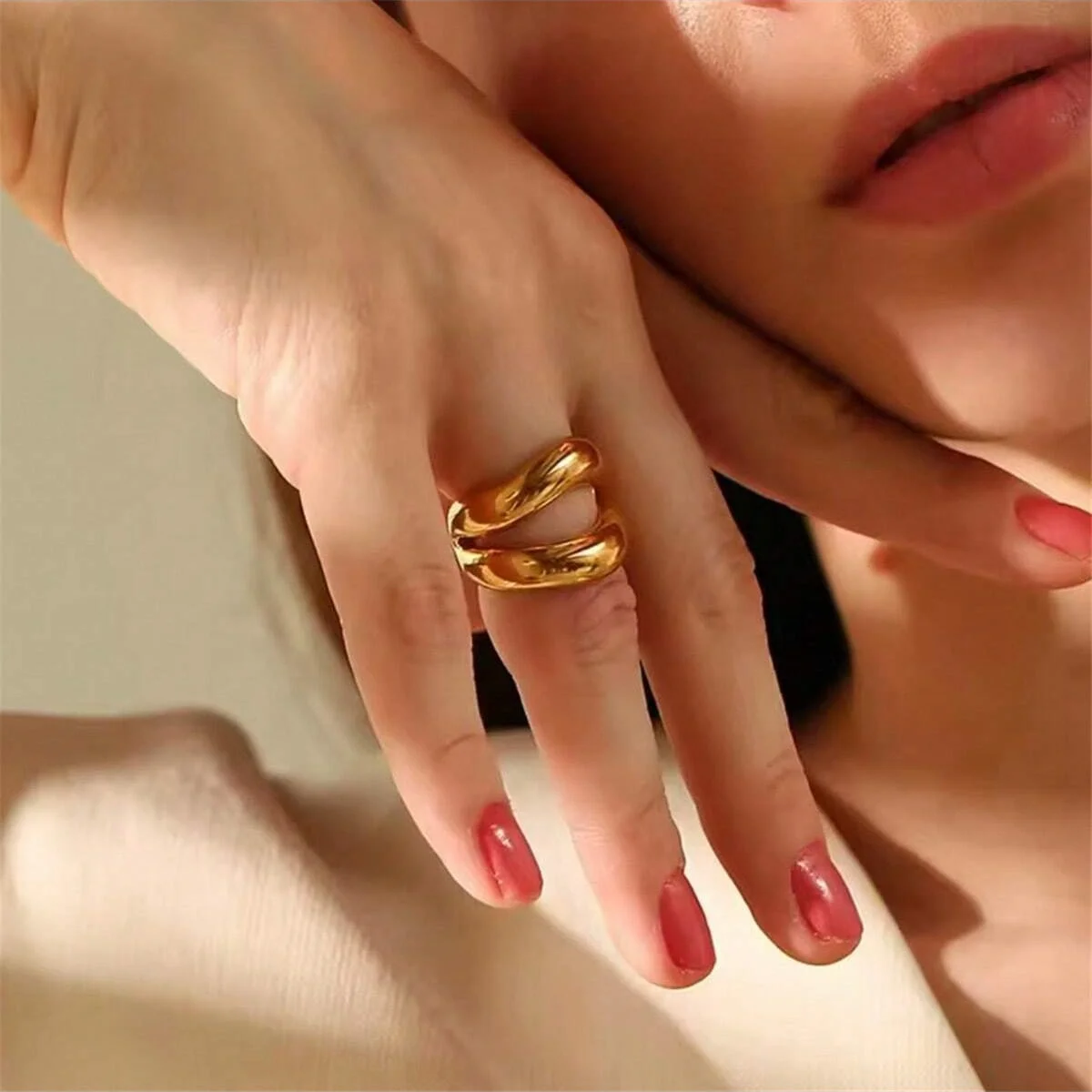 Rings 18K Gold Plated Stainless Steel Double-Layer Wide and Thick for Women Fashion Jewelry Party Gift