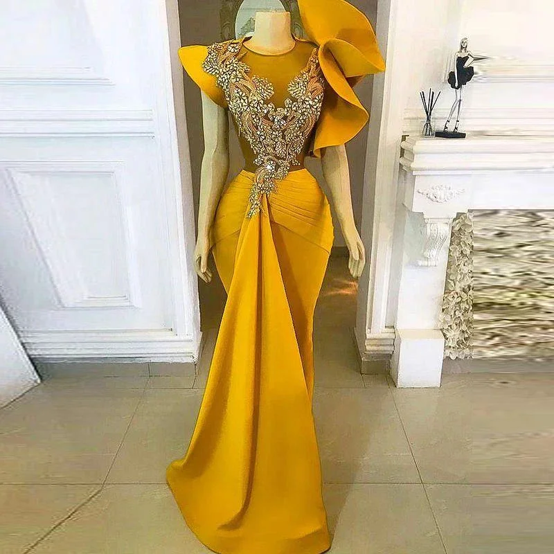 

Yellow African Sheer Neck Prom Dresses Beads Crystals Appliques Mermaid Evening Dress Ruffles Party vestidos de fiesta