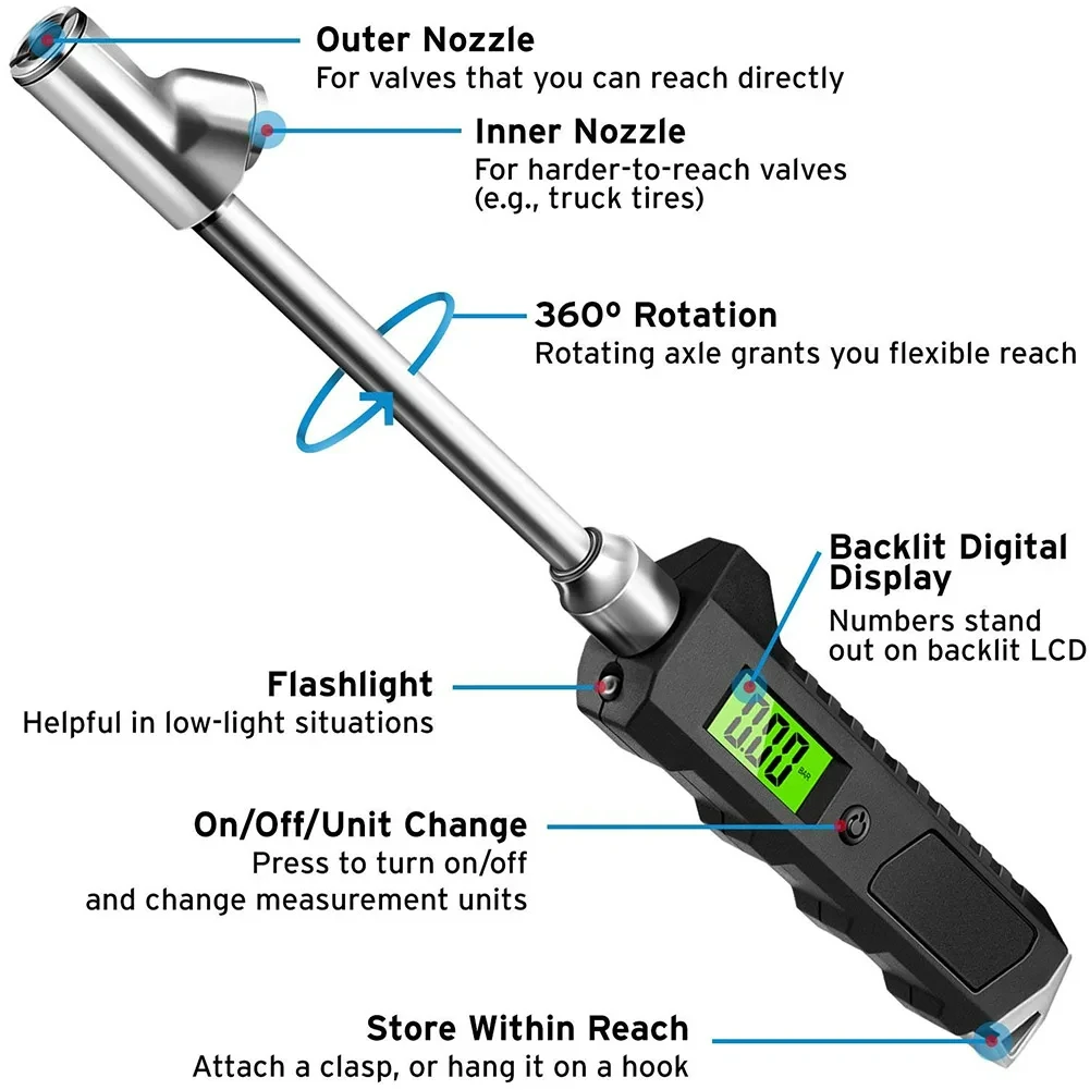 Digital Tire Pressure Gauge 230 PSI Dual Head Stainless Steel For Truck Car LCD Flashlight Vehicle Tester 2