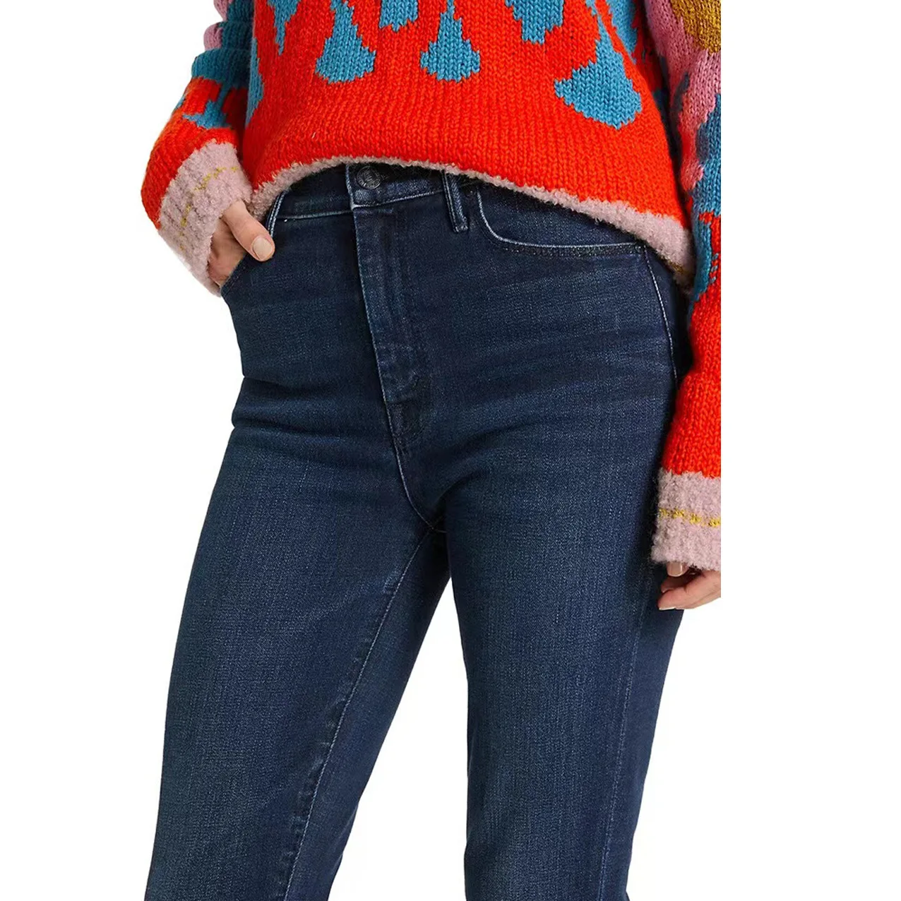 A 2024 early spring new high waisted deep blue midline slim fit and slim fit large horn denim women's pants MO508 4