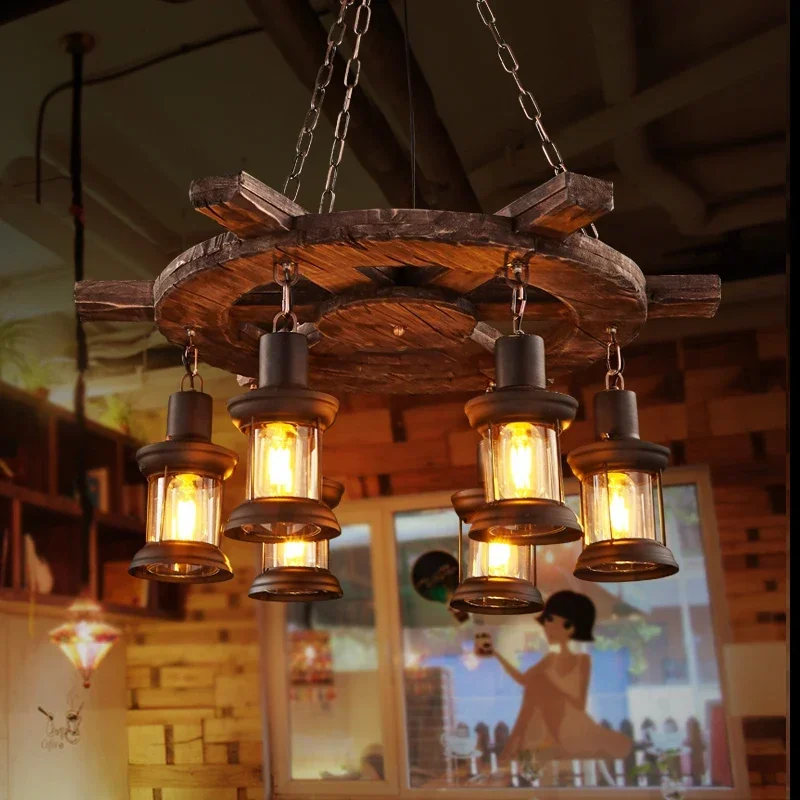 Retro Solid Wood Hanging chandelier LOFT Bar Vintage Industrial Old Boat wooden Suspension indoor Decor Lighting Luminaire