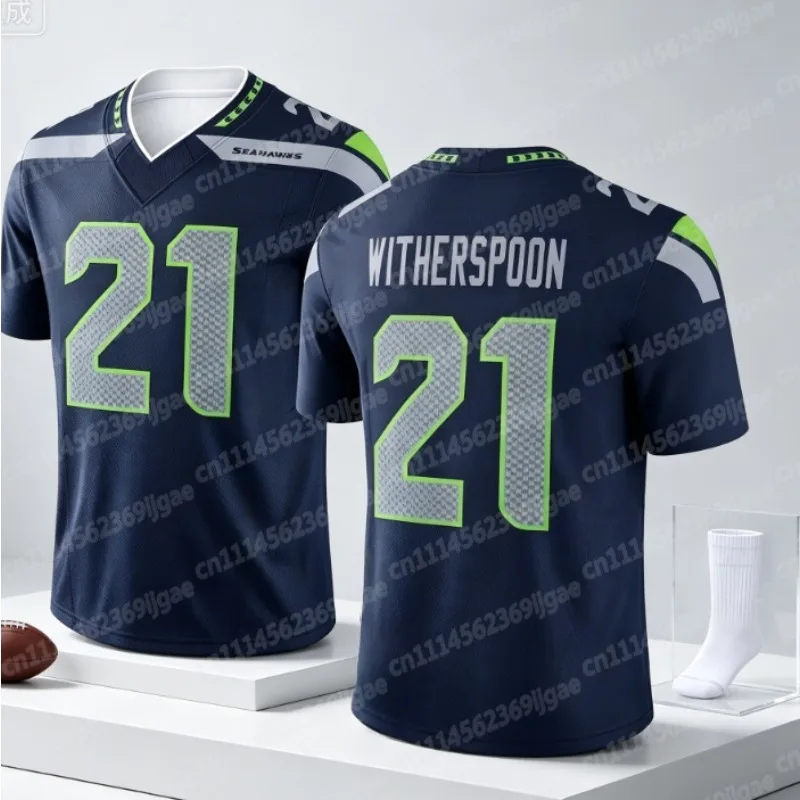 21. Witherspoon Home Fußballtrikot, 3D-gedrucktes Muster, V-Ausschnitt, Seahawks Fan-Kit, atmungsaktiv, schnelltrocknend, Familienstil