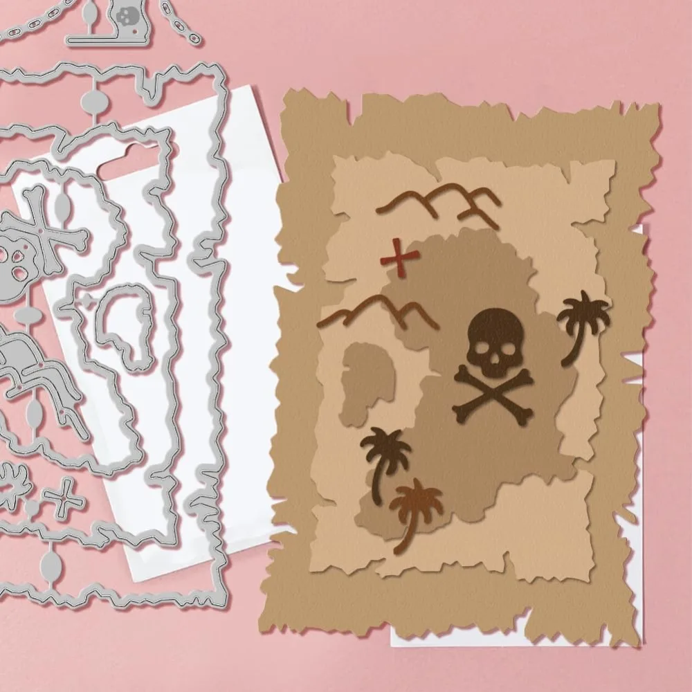 보물 지도 커팅 다이 금속 레트로 계층화 된 해골 해골 커팅 다이 템플릿 스크랩북 카드 용 종이 커팅 다이
