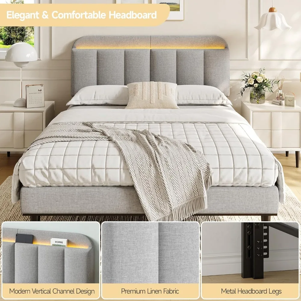 Adjustable Headboard for Full/Queen Size Bed Frame, Linen Fabric Bed Headboard with Storage & RGB LED Light in Modern Vertical 6
