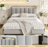 Adjustable Headboard for Full/Queen Size Bed Frame, Linen Fabric Bed Headboard with Storage & RGB LED Light in Modern Vertical 6
