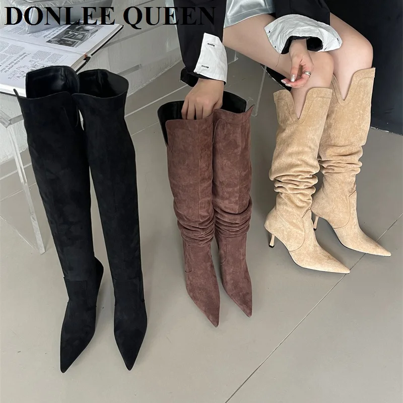 

Sexy Women Over The Knee Boots Chelsea Booties Pointed Toe High Heels Pumps Fashion Pleated Knee-high Boots Winter Autumn Shoes