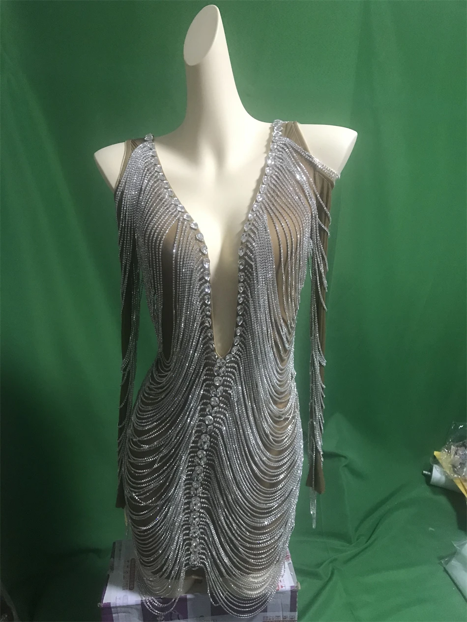 Gold Shining Crystals Chain Rhinestone Dress Women Long Sleeve Birthday Transparent Mesh Drag Queen Outfit Dancer Sexy Dresses