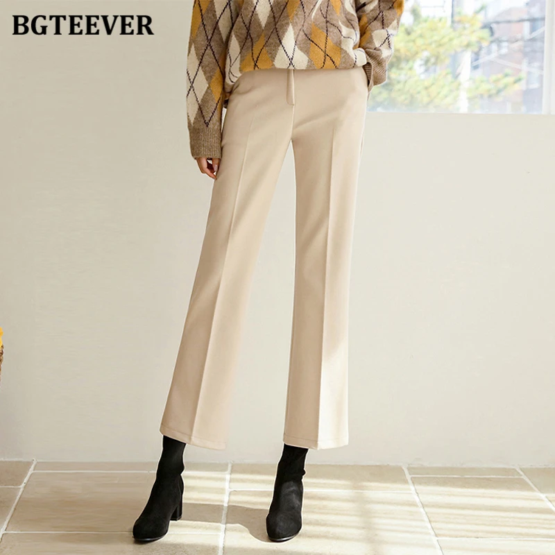 

BGTEEVER Chic Elegant Thicken Warm Ladies Wide Leg Woolen Trousers Winter Fashion High Waist Loose Female Straight Suit Pants