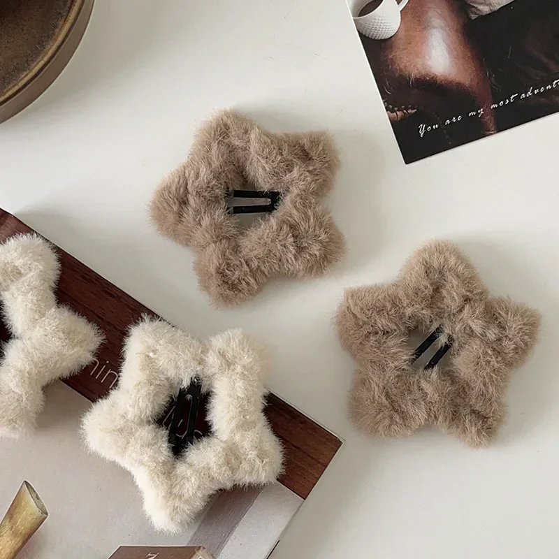 4pcs Autumn and Winter Plush Five-pointed Star Hairpins Side Bangs BB Clip Cute, Soft and Milky Sweet Girl Hollow Hairpin Tide