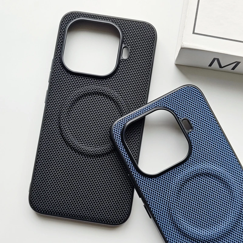 Luxury Magnetic Leather Back Case with Soft TPU & Nylon Woven Finish - Anti-Fingerprint Cover