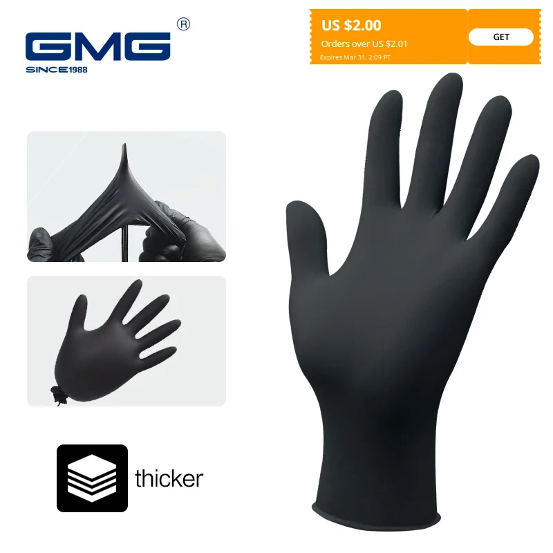 Gloves Nitrile Waterproof Work Gloves GMG Thicker Black 100% Nitrile gloves for Mechanical Chemical Food Disposable Gloves