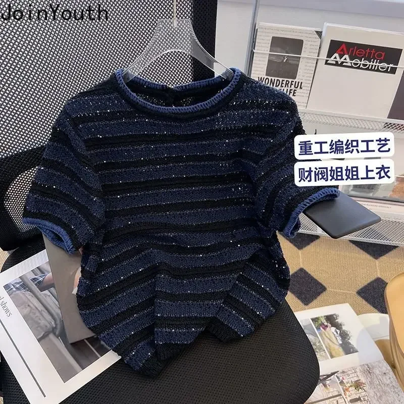 Shirts for Women Knit Tshirts  2025 Ropa Mujer Short Sleeve O-neck Striped T Shirts Y2k Tops Chic Casual Summer Tees Crop Top - 3