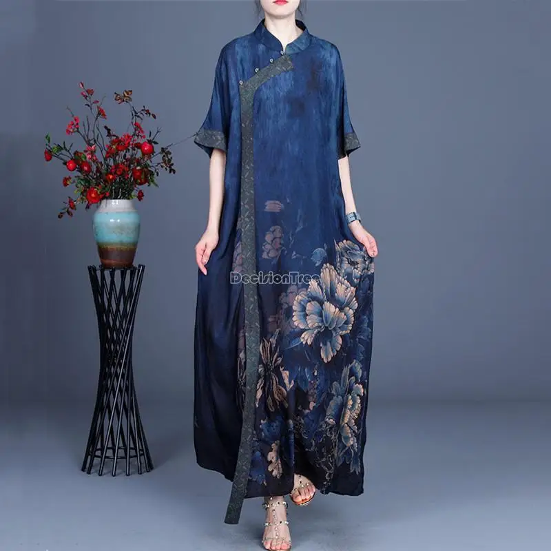 

2023 chinese style retro improved cheongsam dress female summer disc buckle elegant loose national style long qipao dress s133