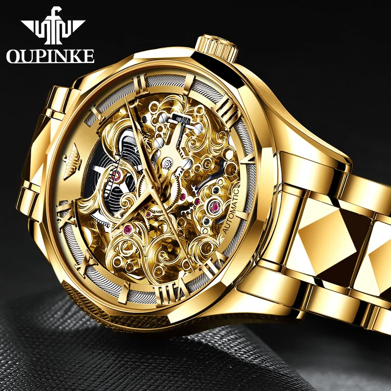 OUPINKE Automatic Mechanical Watch for Men Swiss Certification Gold Watch Skeleton Sapphire Crystal Waterproof Man Wristwatch