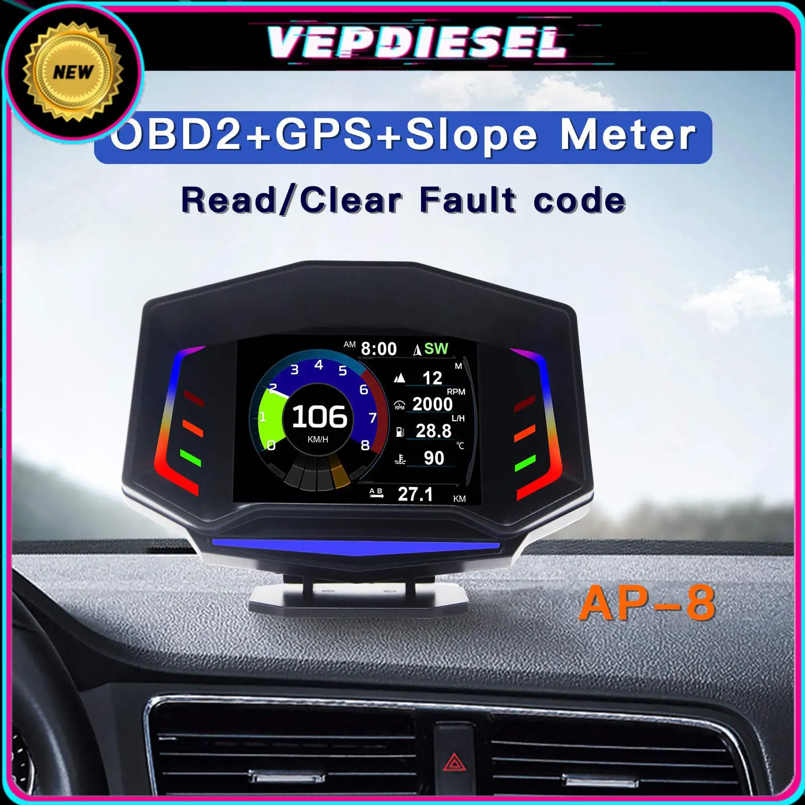 Automobile On-board HUD Head Up Display Multi-function LCD OBD2 GPS Slope Temperature Meter Code Table Auto Display For All Car