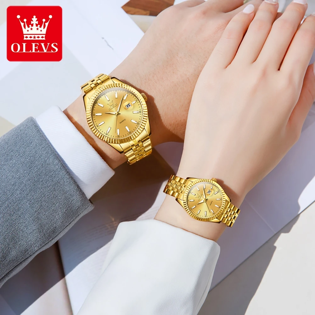 OLEVS Original Luxury Couple Watch Gold Stainless Steel Strap Quartz Men and Women Watch Romantic Lover Gift Bracelet Watches