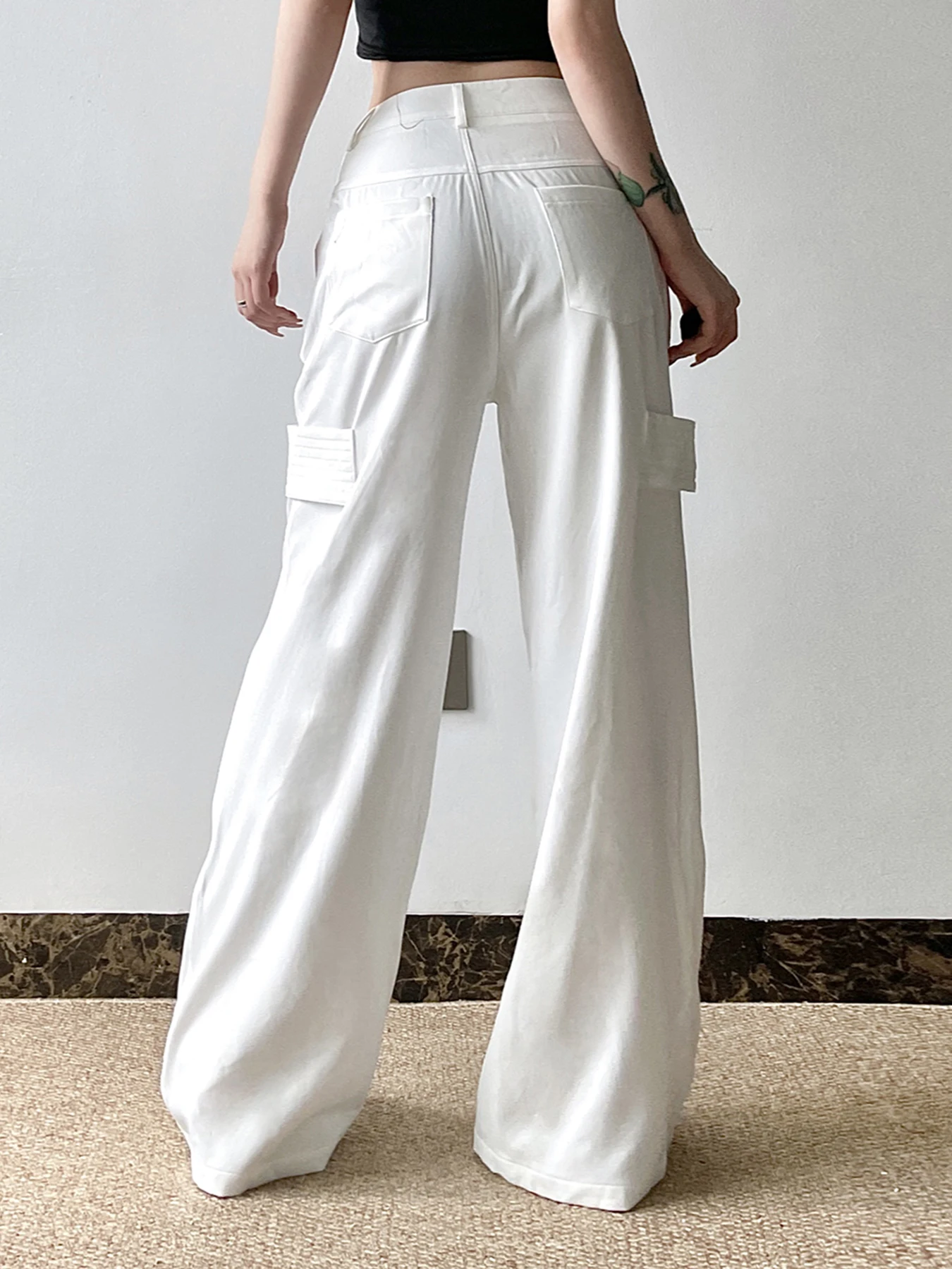 IAMSURE Safari Style Casual Big Pockets Wide Leg Pants Basic Loose Mid-Waisted Pants Women 2024 Summer Fashion Streetwear Ladies