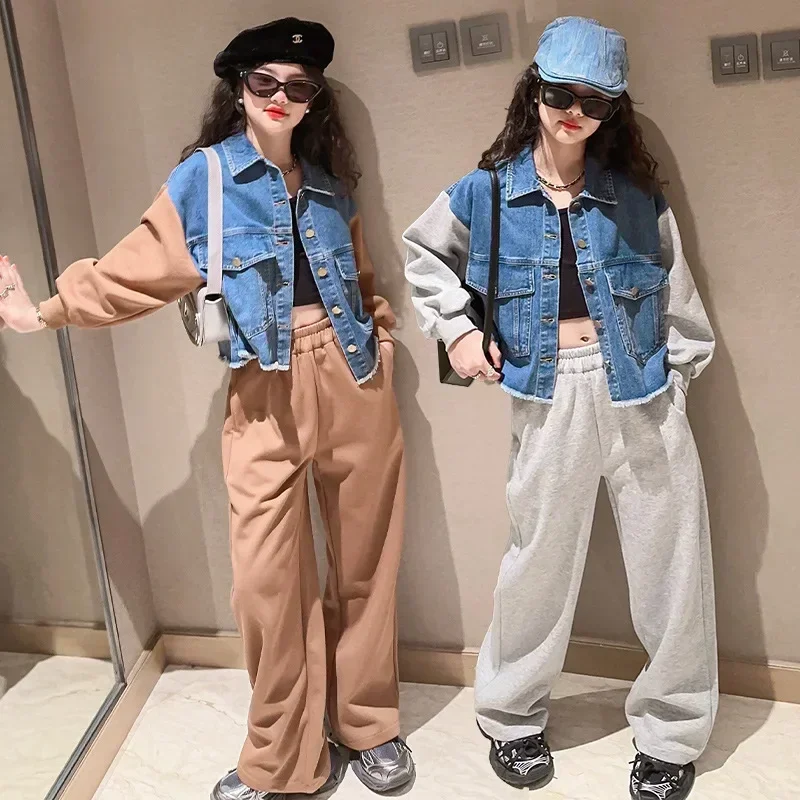 

Children's Clothing Set Autumn Fashion Denim Patchwork Jacket Sweatpants Two Pieces Teen Girls Costumes 10 12 Years Kids Clothes