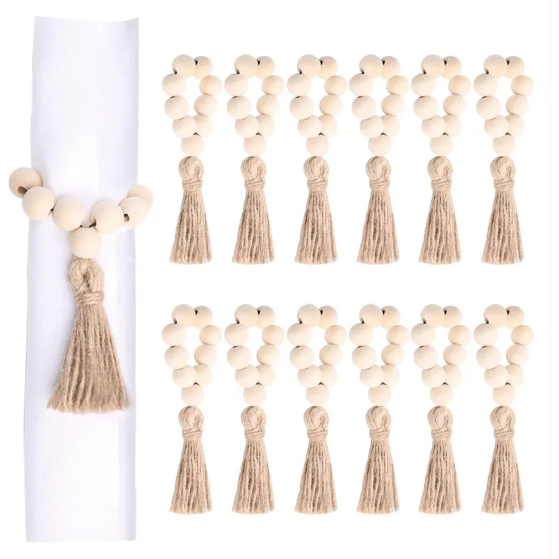 Set of 12 Wood Bead Napkin Rings With Jute Rope Tassels For Christmas Farmhouse Wedding Home Dining Table Party Decoration christmas napkin holder napkin ring