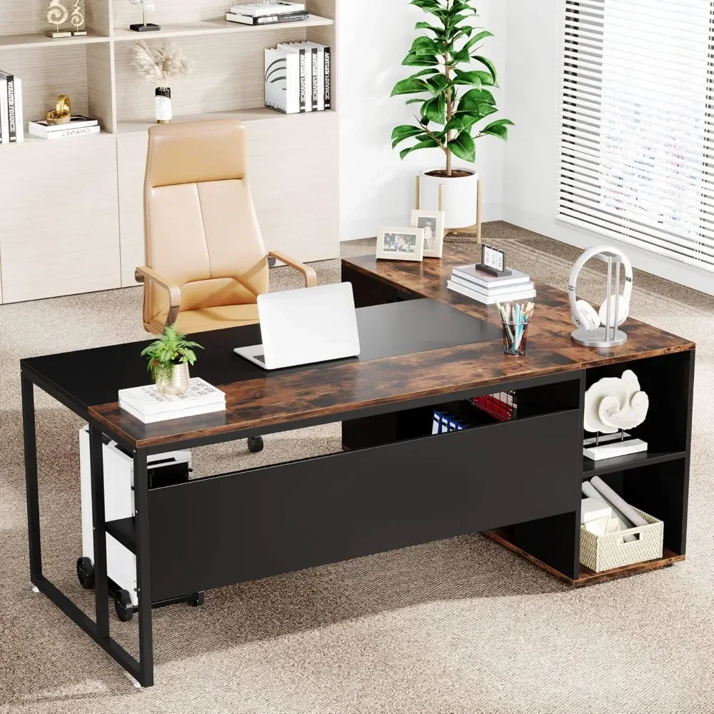 71 inch Executive Desk, L Shaped Desk with Cabinet Storage, Executive Office Desk with Shelves, Business Furniture