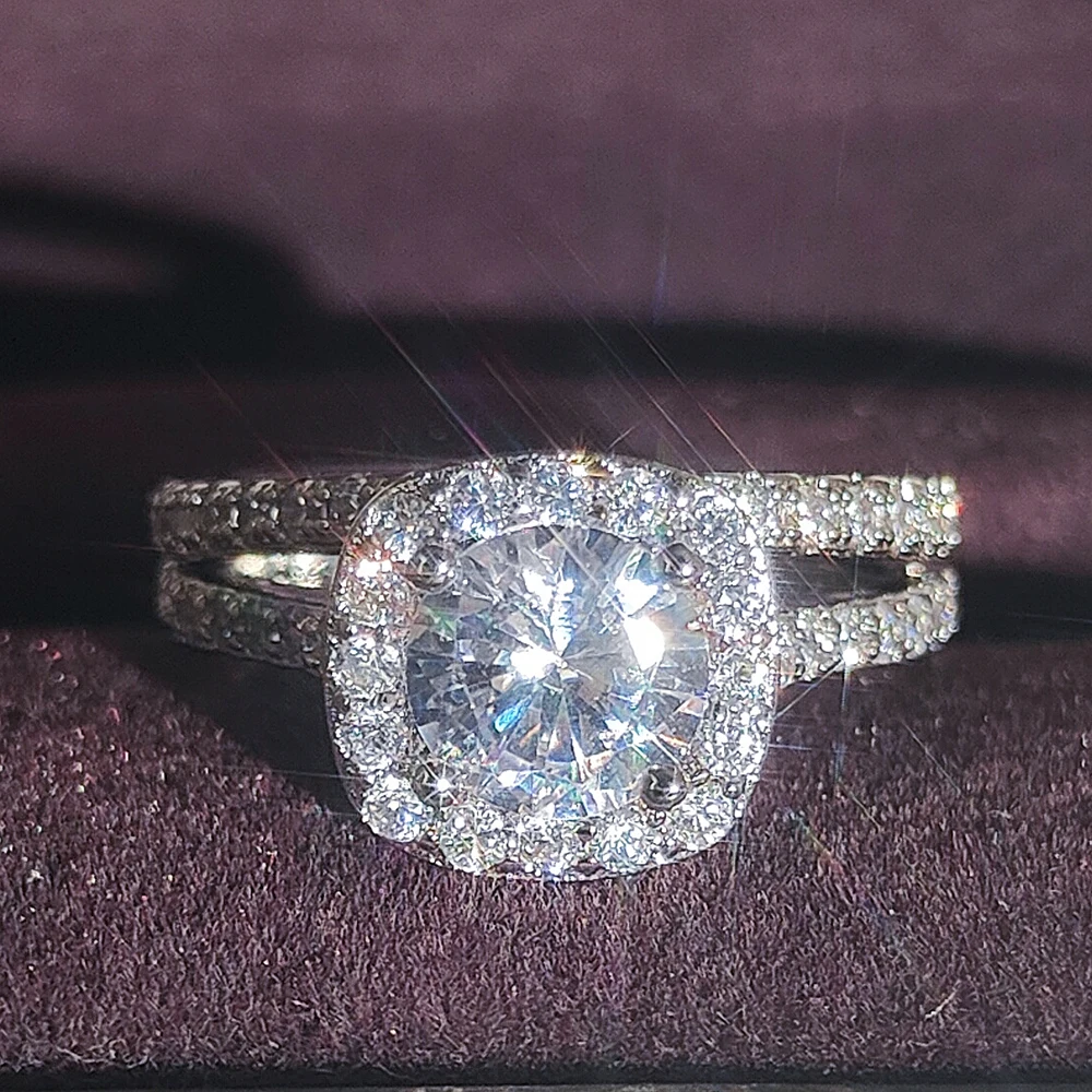 2022 New Silver Color Bride Cushion Cut Finger Ring Sets For Women Jewelry Pure Wedding