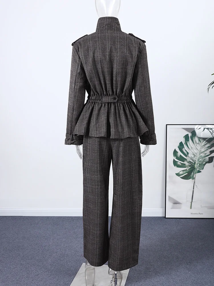 Rüschen Plaid Bomber Jacke Hosen Anzüge Frauen Elegante Revers Langarm Taille Cinching Mäntel Hohe Taille Hose Chic Damen Sets – Detail 9