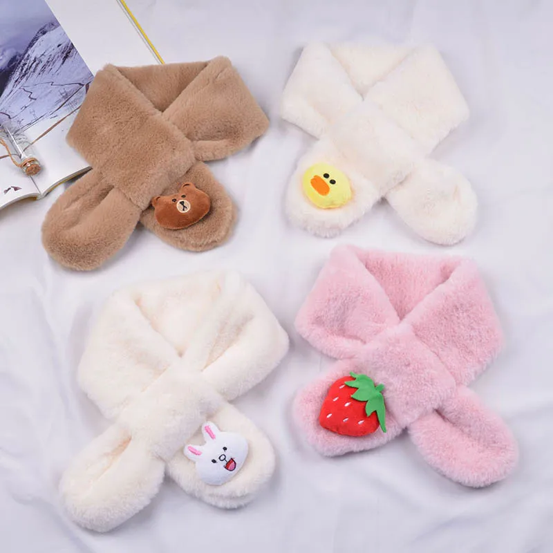 Winter Push Baby Scarf Cute Rabbit Bear Doll Scarves for Boy Girl Warm Soft Faux Fur Kids Cross Neckerchief baby scarf wool scarf rabbit fur scarf