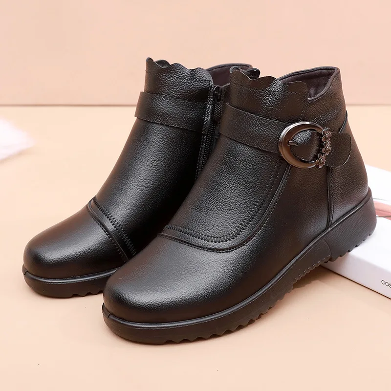 Winter Shoes Women Genuine Leather Wedge Non-slip Ankle Boots Women's Thick Plush Warm Snow Boots Mother Waterproof Booties