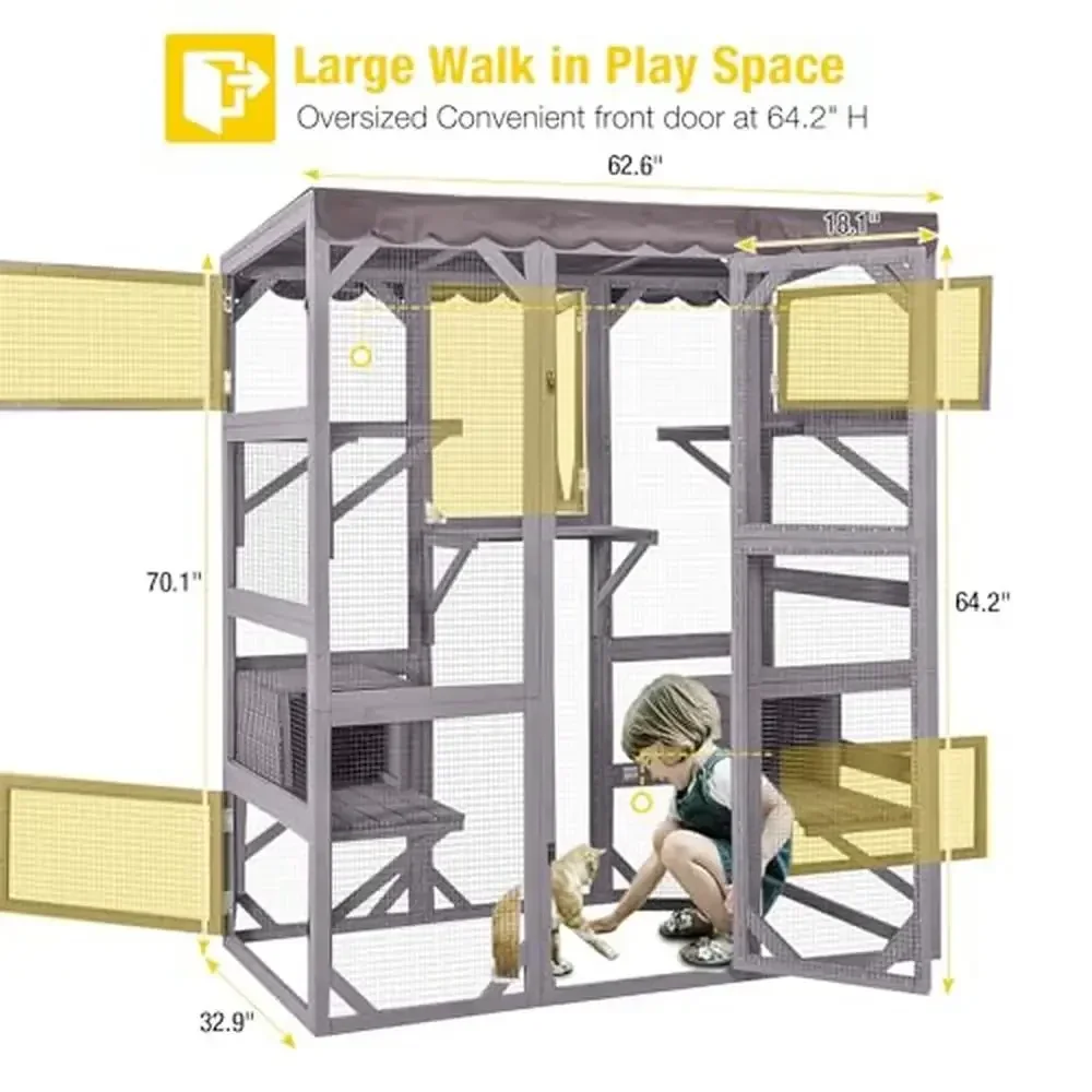 Large Walk-in Cat Cage With 7 Platforms And 2 Sleeping Houses Window Access Waterproof Tarp Roof Compatible With Cat Tunnel