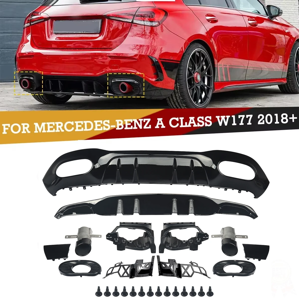 MagicKit For Mercedes A Class W177 AMG A35 Look 2018+ Rear Diffuser & Exhaust Pipe Black