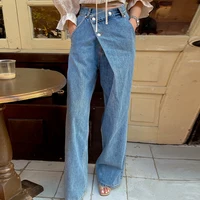 Retro High Waist Wide Leg Jeans Women's Autumn Long Pants Asymmetrical Design Versatile Chic Vintage Sle Ladies Denim Trousers