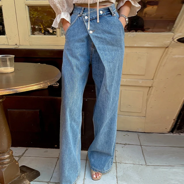 Retro High Waist Wide Leg Jeans Women's Autumn Long Pants Asymmetrical Design Versatile Chic Vintage Sle Ladies Denim Trousers