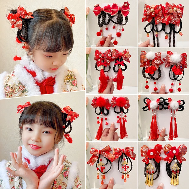 Chinese New Year Hair Clips for Kids-Red Hair Accessories-Chinese  Traditional Tassel Hairpin, Red Fringed Ribbon Flowers Hairpins Baby Girl  Hair