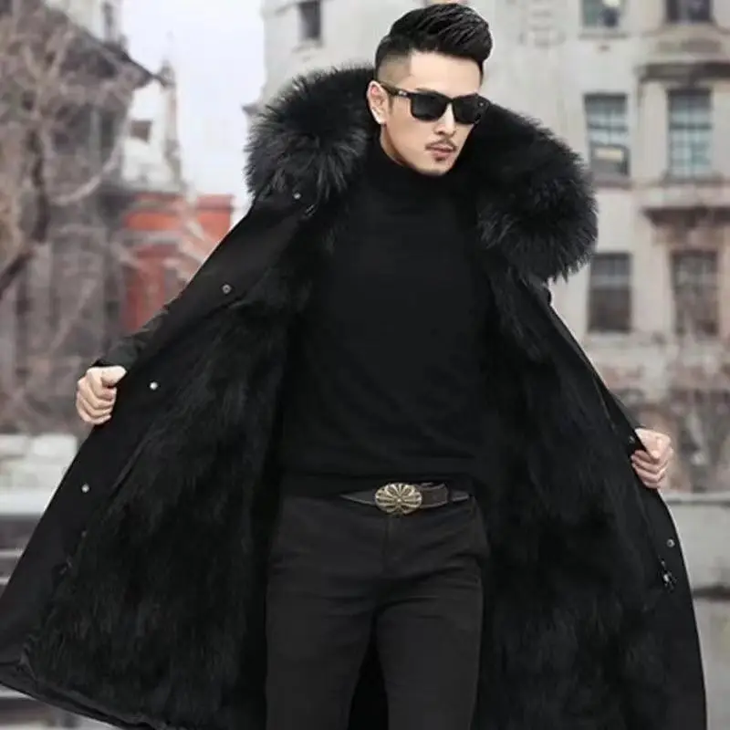 2023 New Men Winter Faux Fur Coat Mid-length Loose Trend Overcoat Thicken Warm Removable Inner Jacket Hooded Parke Outwear