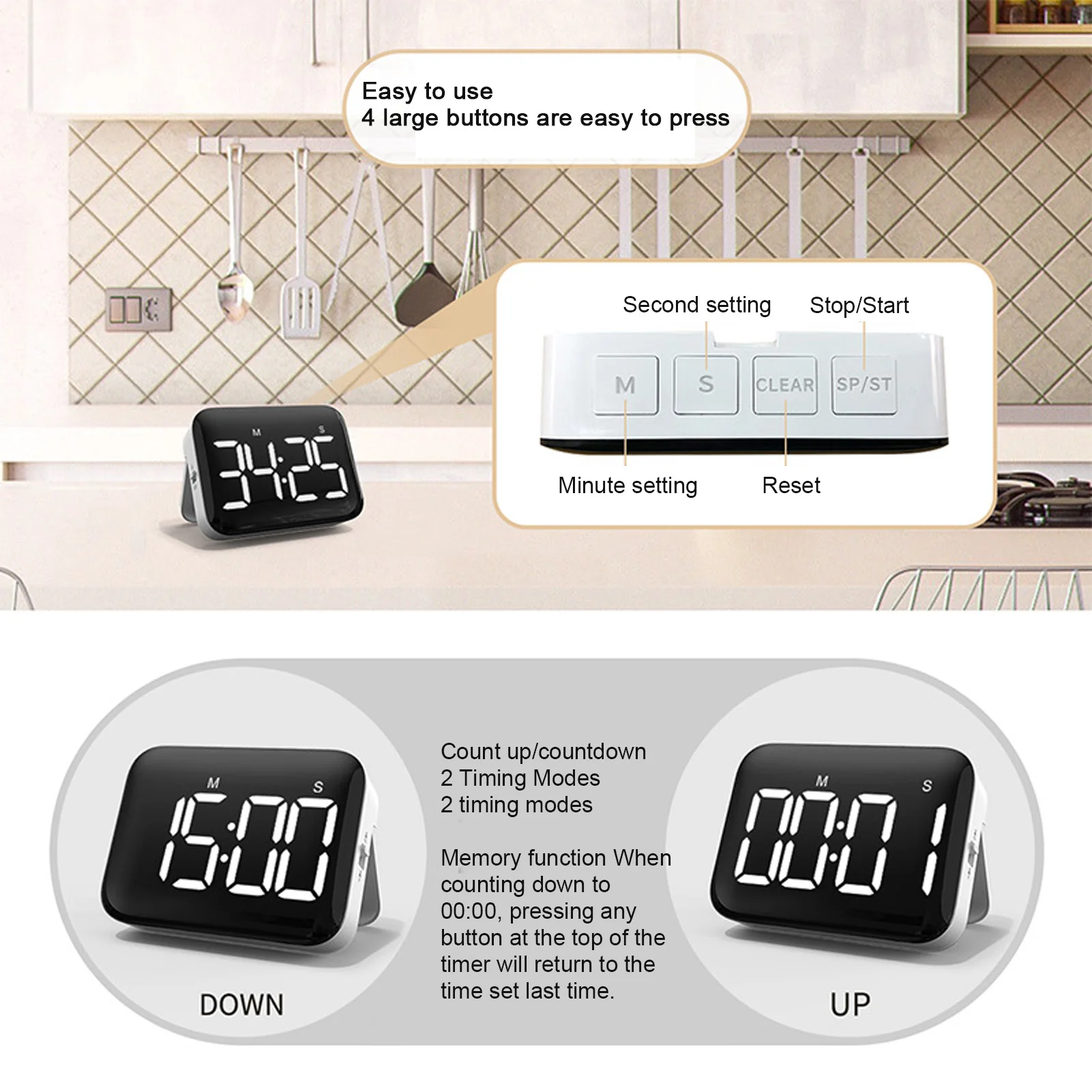 Digital Kitchen Timer Digital Timer Household Kitchen Cooking Time Manager Single Event Timepiece for Classroom Kitchen Library