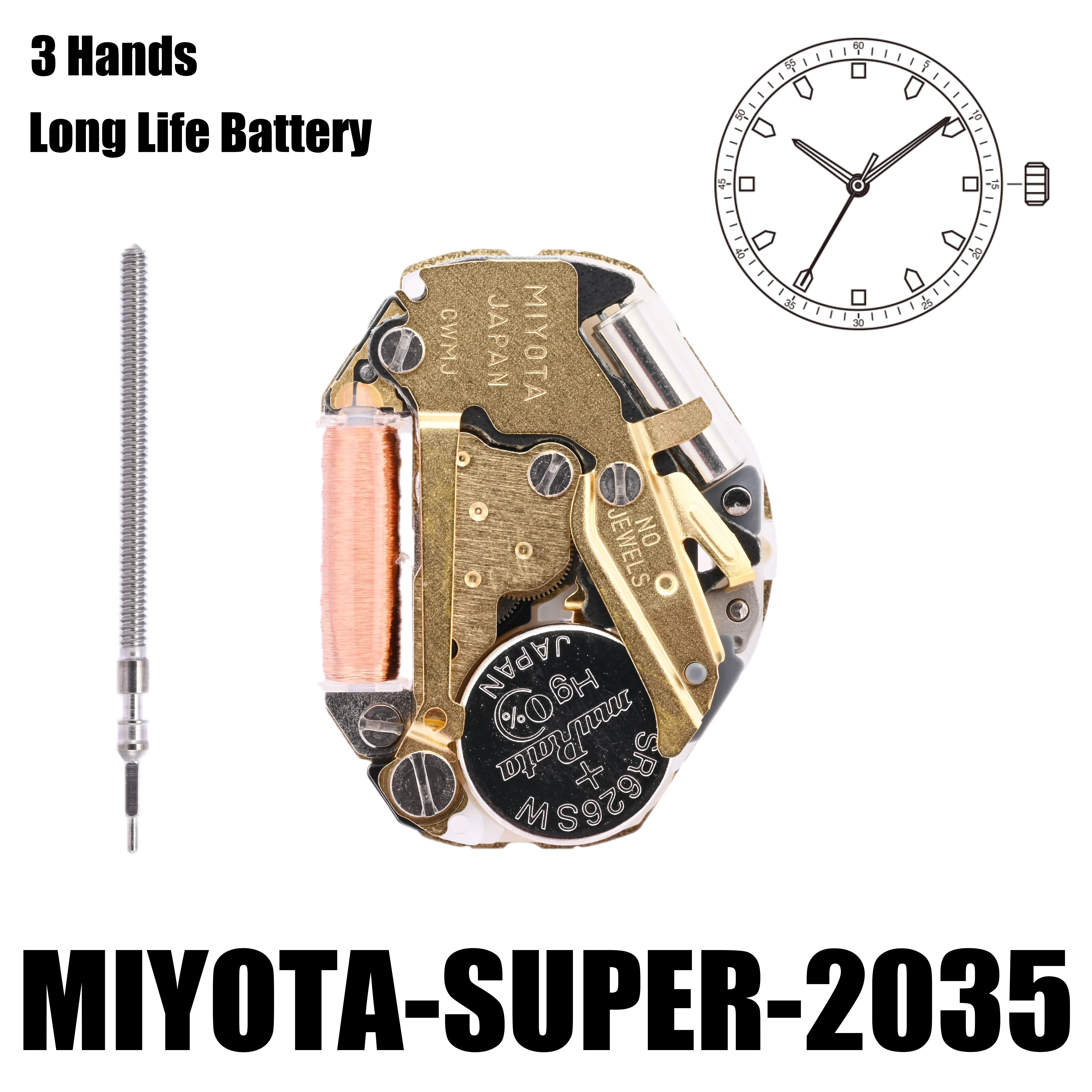 2035 Movement Miyota Super2035 Movement Gilt 3 Hands Size:6 3/4×8'''Heigh:3.15mm-YOUR ENGINE- Metal Movement Made In Japan.