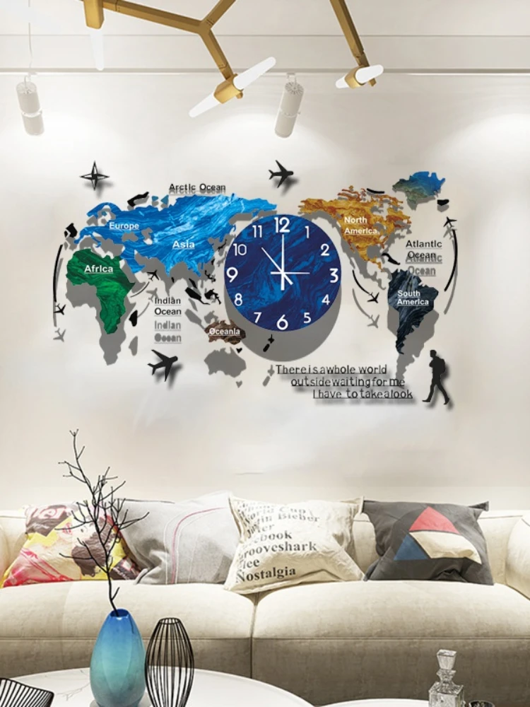 A living room with a world map on the wall, perfect for those who love travel.