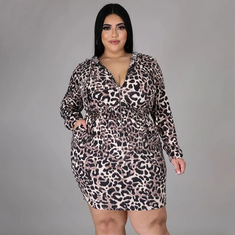 

WUHE Print Women Plus Size Dress Full Sleeve Zipper Fly Hooded Stretchy Bodycon Skinny Dresses Vintage Fashion Vestidos Spring